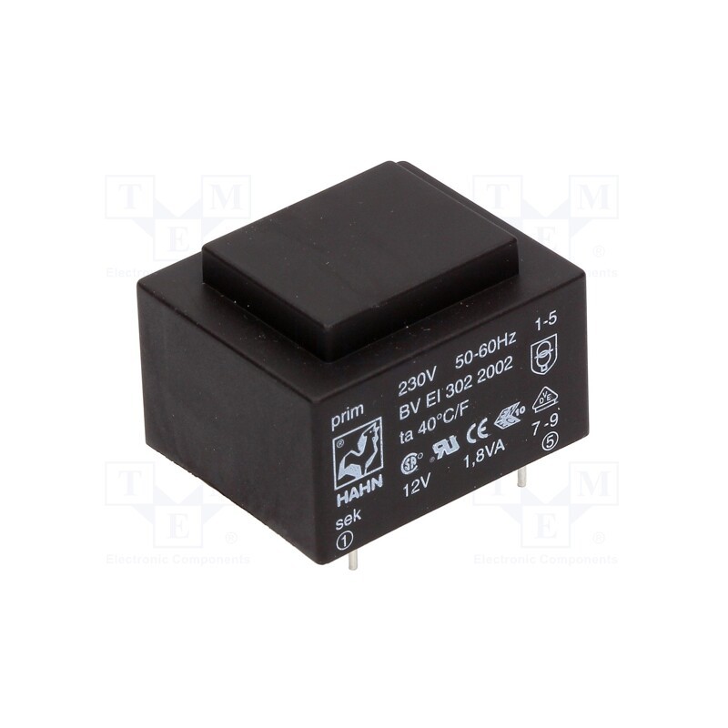 1 pcs x HAHN - BV EI 302 2002 - Transformer: encapsulated, 1.8VA, 230VAC, 12V, 150mA, PCB, BVEI