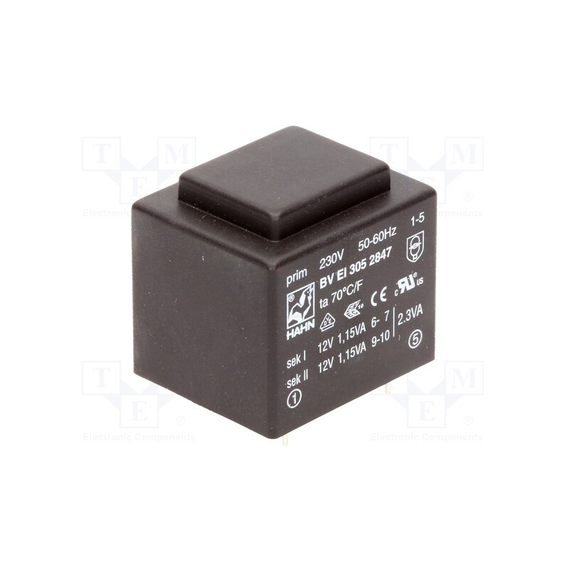 1 pcs x HAHN - BV EI 305 2847 - Transformer: encapsulated, 2.3VA, 230VAC, 12V, 12V, 96mA, 96mA, PCB