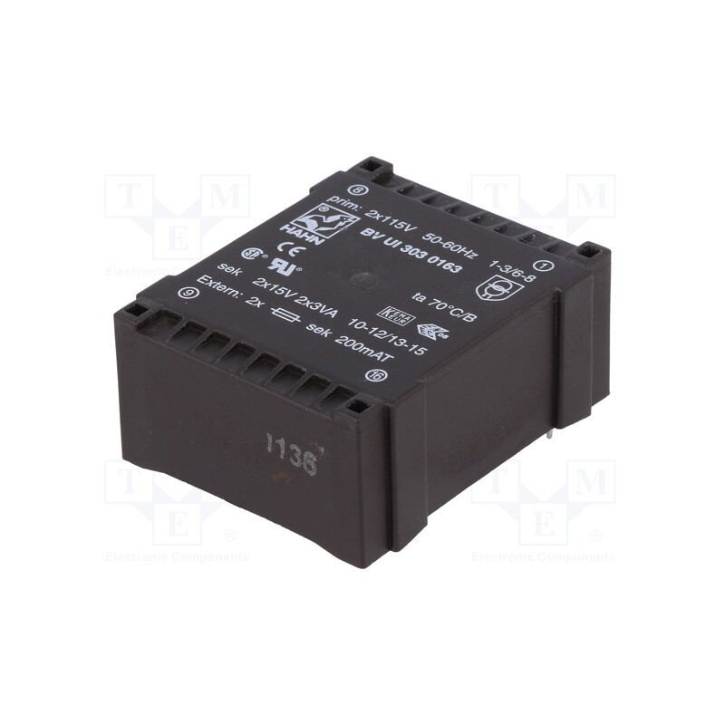 1 pcs x HAHN - BV UI 303 0163 - Transformer: encapsulated, 6VA, 115VACx2, 15V, 15V, 200mA, 200mA