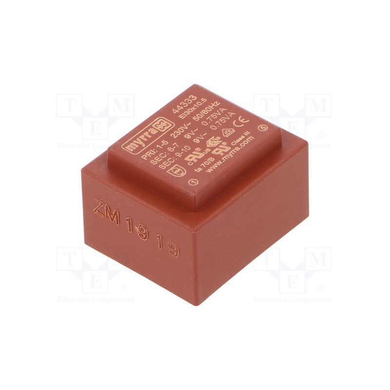 1 pcs x MYRRA - 44333 - Transformer: encapsulated, 1.5VA, 230VAC, 9V, 9V, 83mA, 83mA, PCB