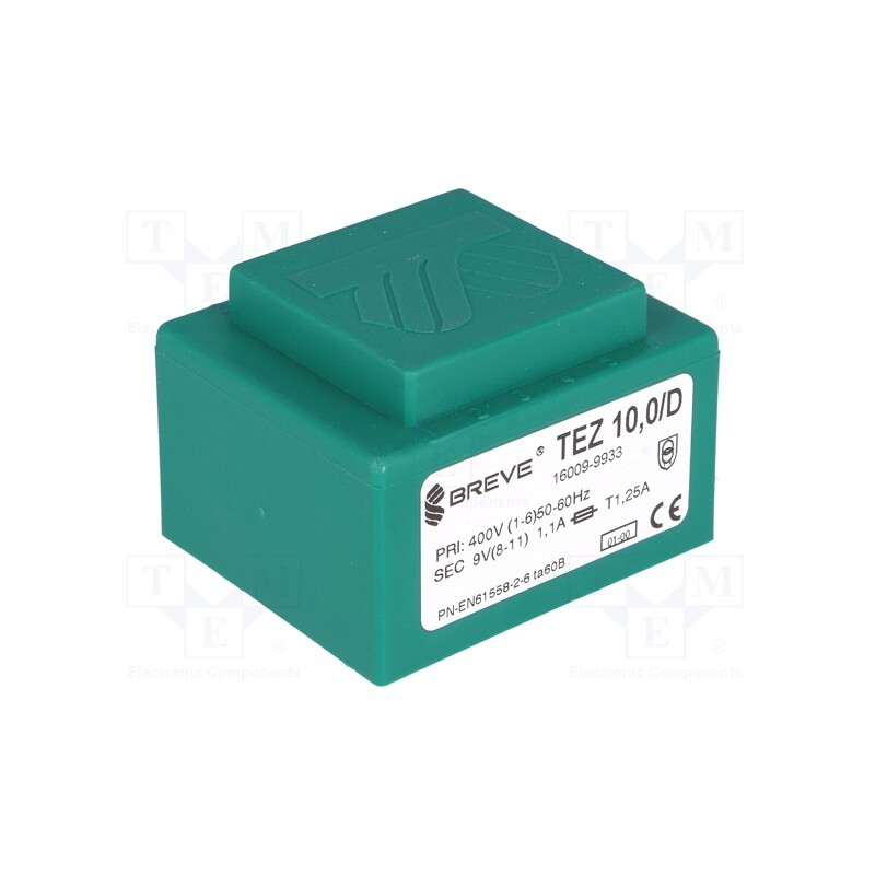 1 pcs x BREVE TUFVASSONS - TEZ10/D400/9V - Transformer: encapsulated, 10VA, 400VAC, 9V, 1111.1mA, PCB, IP00