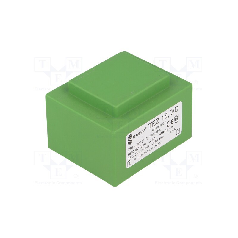 1 pcs x BREVE TUFVASSONS - TEZ16/D230/6-6V - Transformer: encapsulated, 16VA, 230VAC, 6V, 6V, 1333.3mA, 1333.3mA