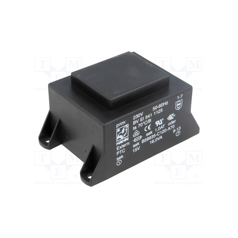 1 pcs x HAHN - BV EI 541 1125 - Transformer: encapsulated, 16VA, 230VAC, 15V, 1067mA, PCB, BVEI