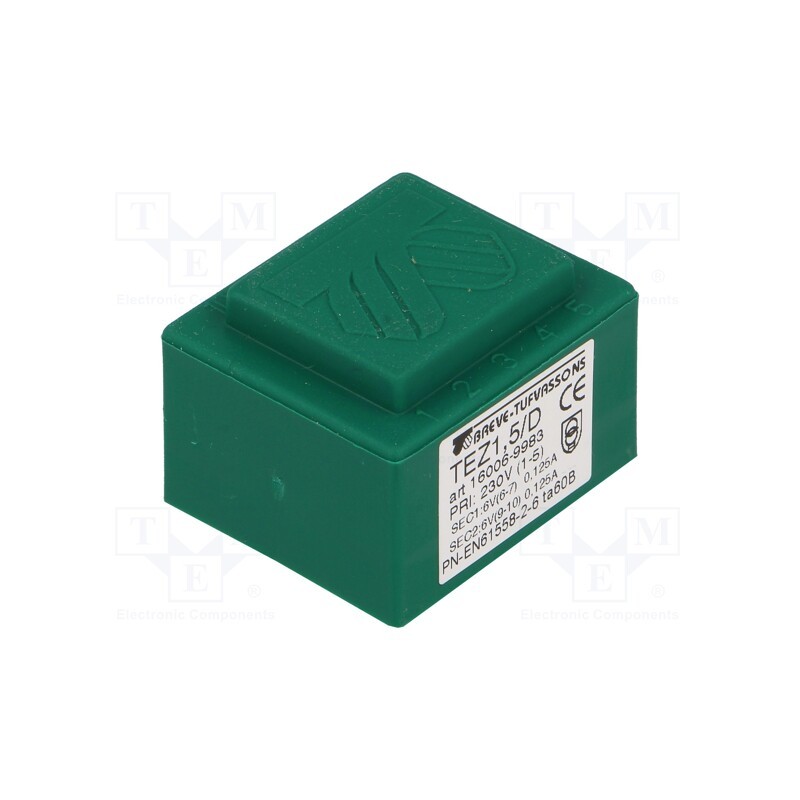 1 pcs x BREVE TUFVASSONS - TEZ1.5/D230/6-6V - Transformer: encapsulated, 1.5VA, 230VAC, 6V, 6V, 12.5mA, 125mA, PCB