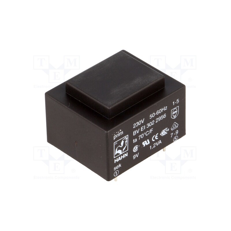 1 pcs x HAHN - BV EI 302 2956 - Transformer: encapsulated, 1.2VA, 230VAC, 9V, 133mA, PCB, BVEI