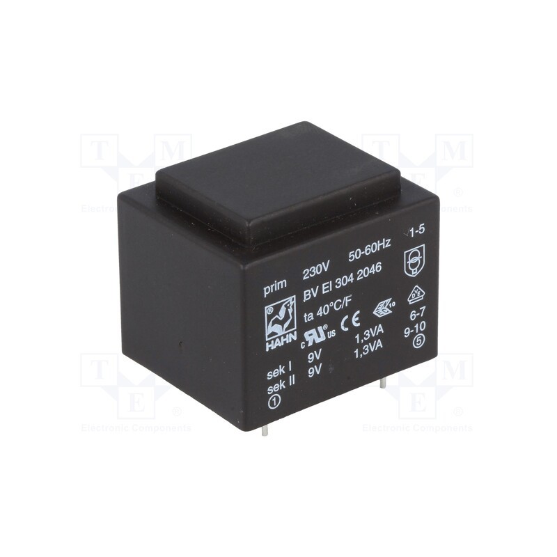 1 pcs x HAHN - BV EI 304 2046 - Transformer: encapsulated, 2.6VA, 230VAC, 9V, 9V, 145mA, 145mA, PCB