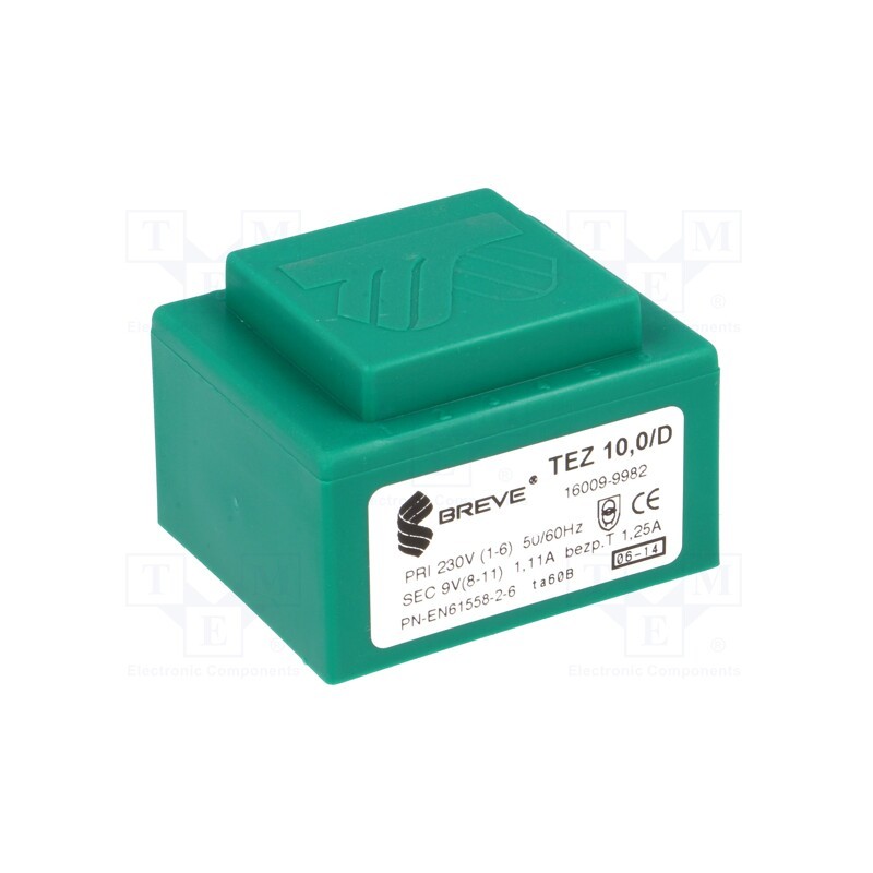 1 pcs x BREVE TUFVASSONS - TEZ10/D230/9V - Transformer: encapsulated, 10VA, 230VAC, 9V, 1111.1mA, PCB, IP00