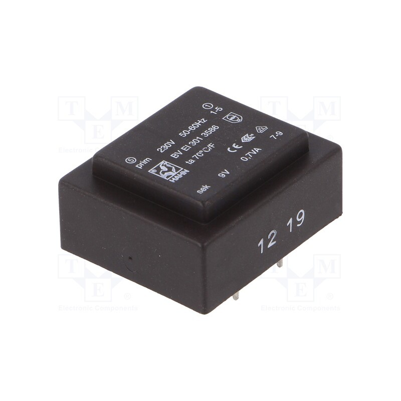 1 pcs x HAHN - BV EI 301 3586 - Transformer: encapsulated, 0.7VA, 230VAC, 9V, 78mA, PCB, BVEI