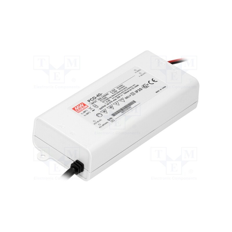 1 pcs x MEAN WELL - PCD-40-350B - Power supply: switched-mode, LED, 37.8W, 70÷108VDC, 350mA, IP42