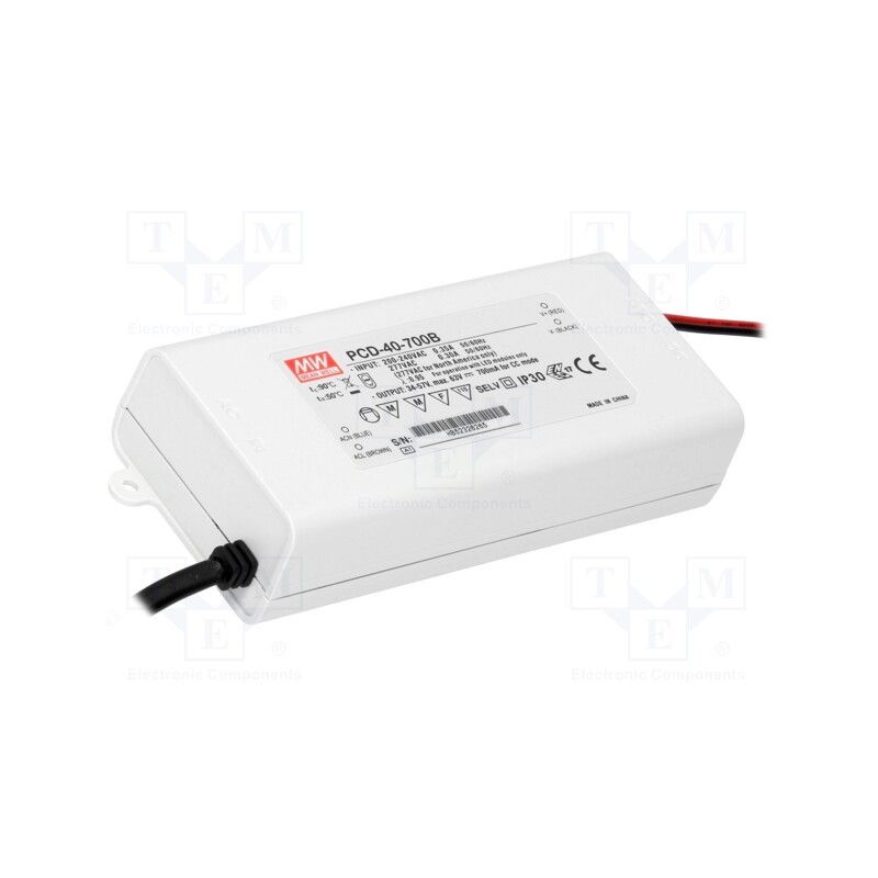 1 pcs x MEAN WELL - PCD-40-700B - Power supply: switched-mode, LED, 39.9W, 34÷57VDC, 700mA, IP42