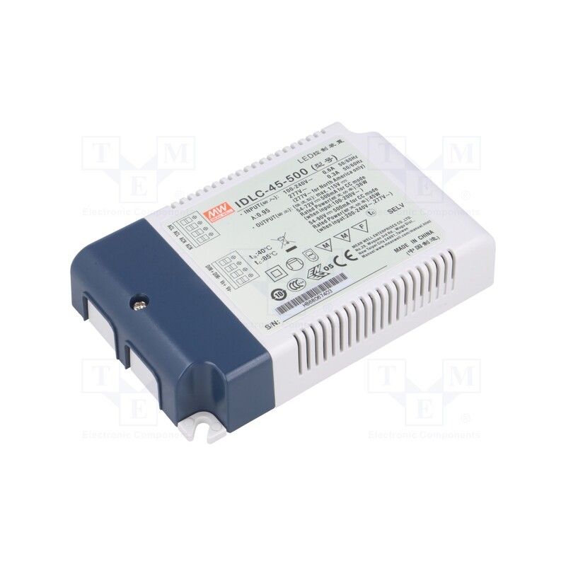 1 pcs x MEAN WELL - IDLC-45-500 - Power supply: switched-mode, LED, 45W, 54÷90VDC, 500mA, 90÷295VAC