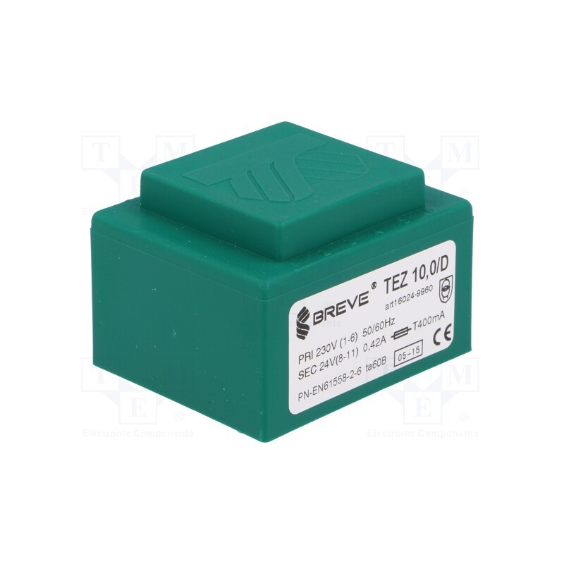 1 pcs x BREVE TUFVASSONS - TEZ10/D230/24V - Transformer: encapsulated, 10VA, 230VAC, 24V, 416.6mA, PCB, IP00