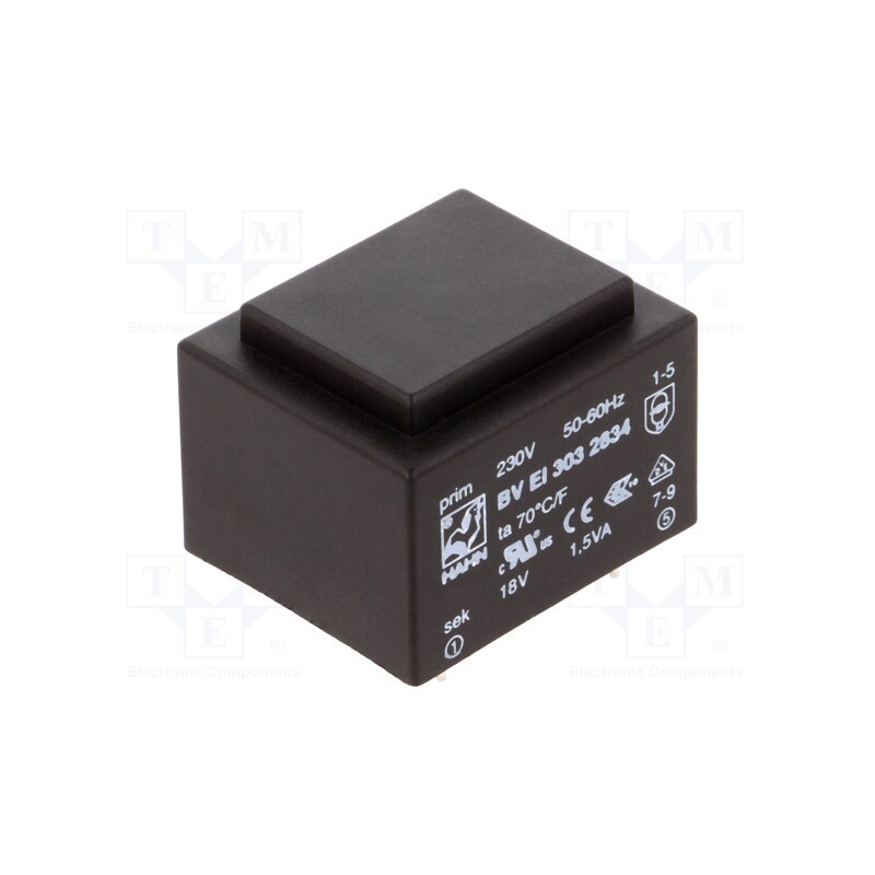 1 pcs x HAHN - BV EI 303 2834 - Transformer: encapsulated, 1.5VA, 230VAC, 18V, 83mA, PCB, BVEI