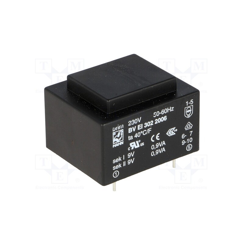 1 pcs x HAHN - BV EI 302 2006 - Transformer: encapsulated, 1.8VA, 230VAC, 9V, 9V, 100mA, 100mA, PCB