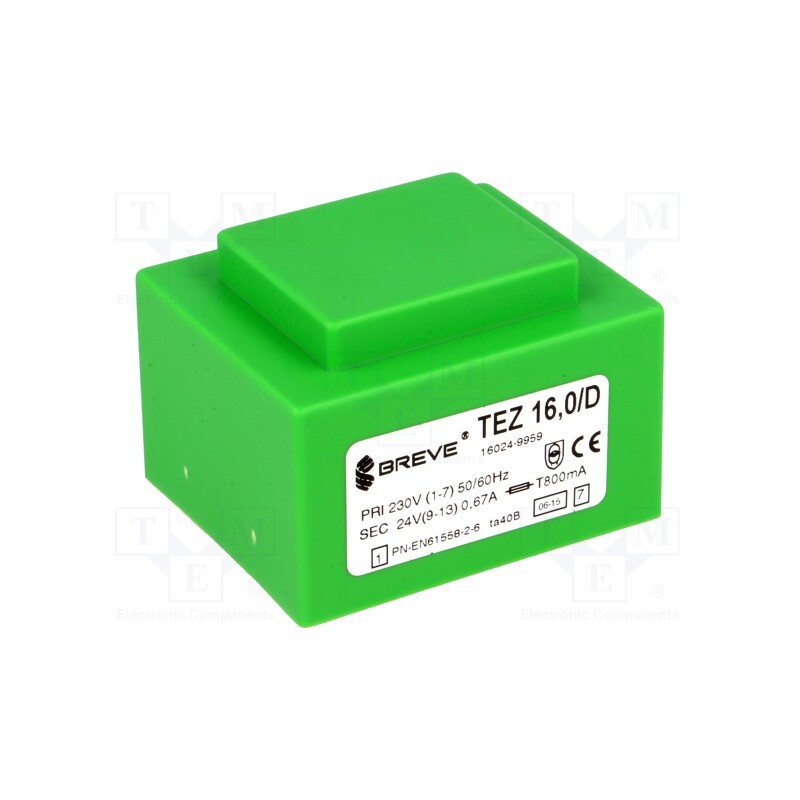 1 pcs x BREVE TUFVASSONS - TEZ16/D230/24V - Transformer: encapsulated, 16VA, 230VAC, 24V, 666.6mA, PCB, IP00