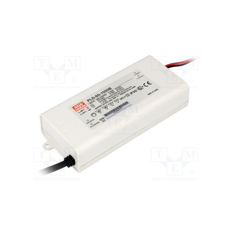 1 pcs x MEAN WELL - PLD-60-1050B - Power supply: switched-mode, LED, 59.85W, 34÷57VDC, 1050mA, IP30