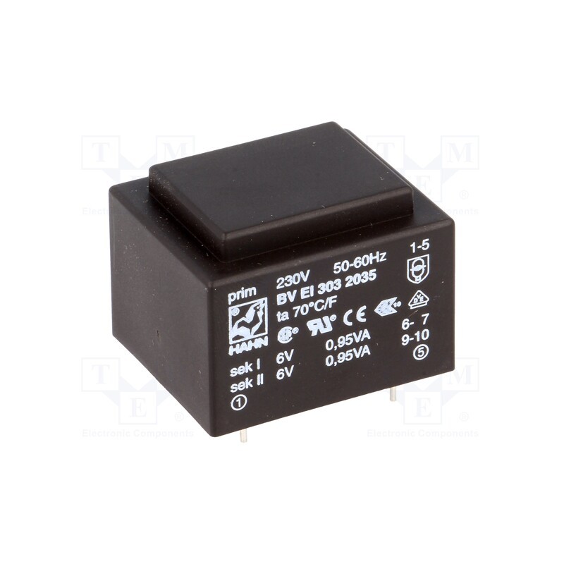 1 pcs x HAHN - BV EI 303 2035 - Transformer: encapsulated, 1.9VA, 230VAC, 6V, 6V, 158mA, 158mA, PCB