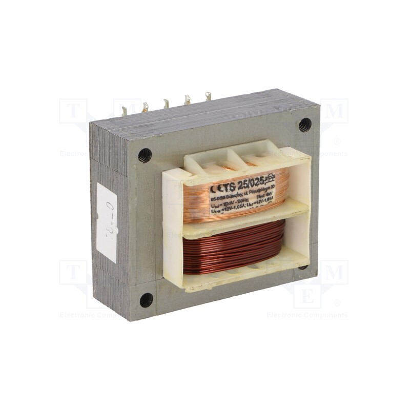 1 pcs x INDEL - TS25/025 - Transformer: mains, 25VA, 230VAC, 12V, 12V, 1.05A, 1.05A, screw type