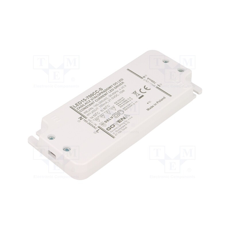 1 pcs x GOVENA - Z-LED-15W-700CC-SLIM - Power supply: switched-mode, LED, 15W, 7÷21.5VDC, 700mA, IP20, 86%