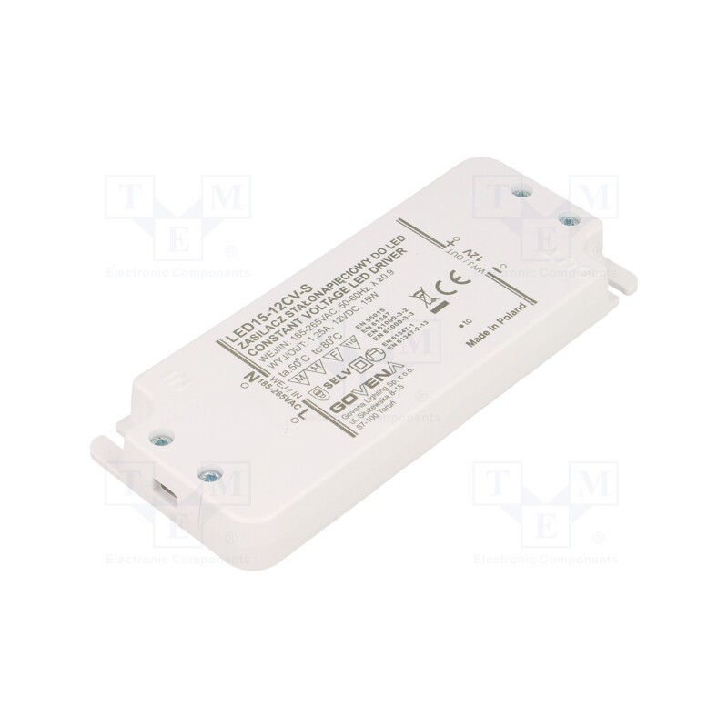 1 pcs x GOVENA - Z-LED-15W-12CV-SLIM - Power supply: switched-mode, LED, 15W, 12VDC, 1.25A, 185÷265VAC