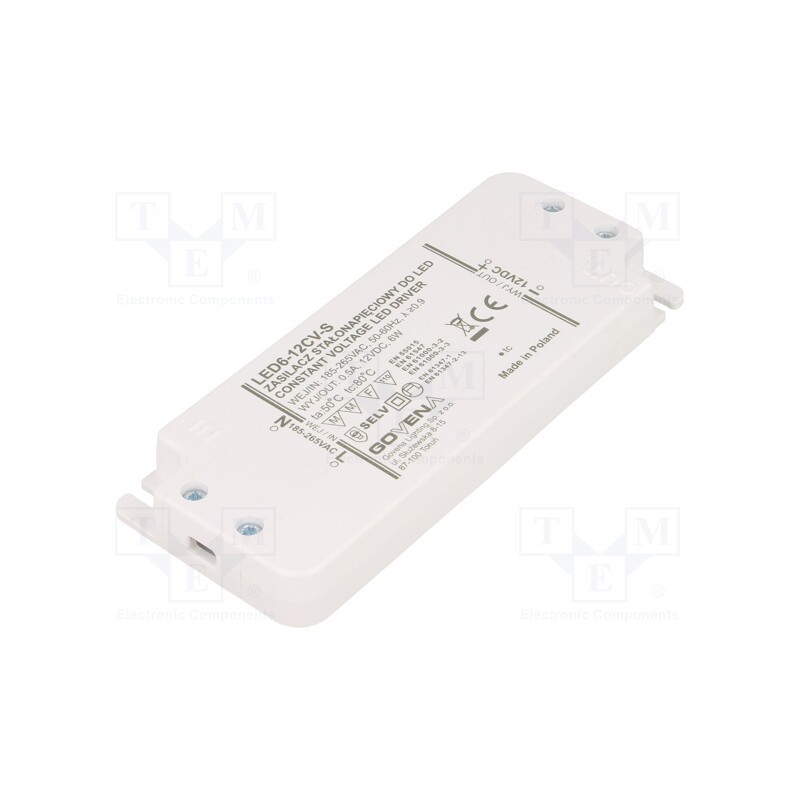 1 pcs x GOVENA - Z-LED-6W-12CV-SLIM - Power supply: switched-mode, LED, 6W, 12VDC, 0.5A, 185÷265VAC, IP20