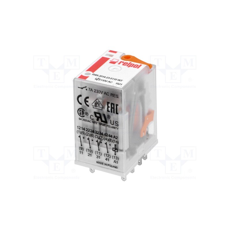 1 pcs x RELPOL - R4N-2014-23-5110-WT - Relay: electromagnetic, 4PDT, Ucoil: 110VAC, Icontacts max: 6A
