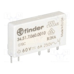 1 pcs x FINDER - 34.51.7.060.0010 - Relay: electromagnetic, SPDT, Ucoil: 60VDC, Icontacts max: 6A
