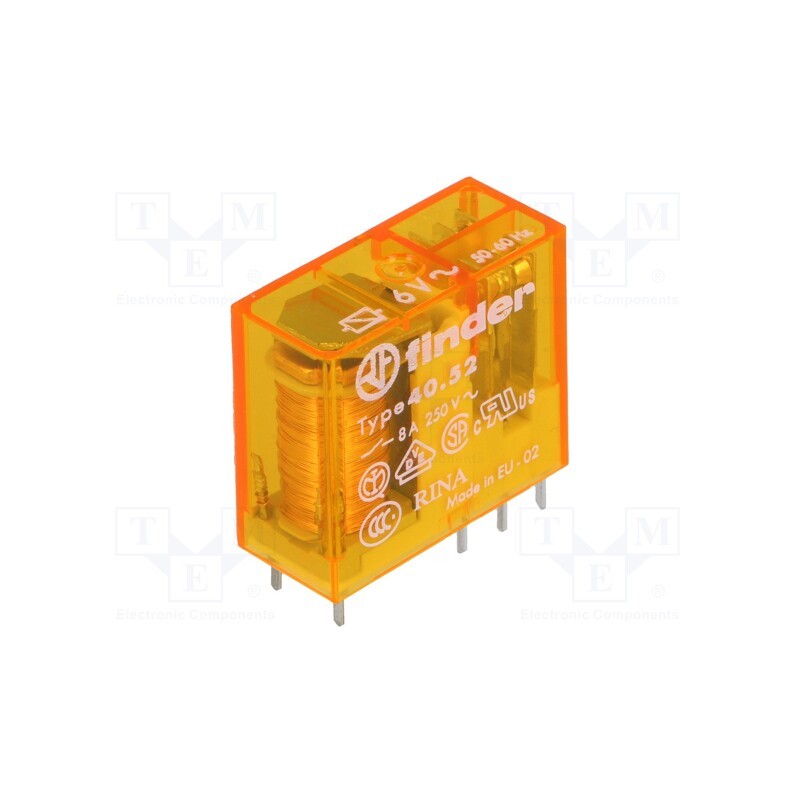 1 pcs x FINDER - 40.52.8.006.0000 - Relay: electromagnetic, DPDT, Ucoil: 6VAC, Icontacts max: 15A, 21Ω