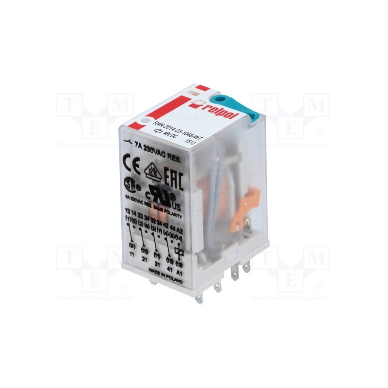 1 pcs x RELPOL - R4N-2014-23-1048-WT - Relay: electromagnetic, 4PDT, Ucoil: 48VDC, Icontacts max: 6A, 0.9W