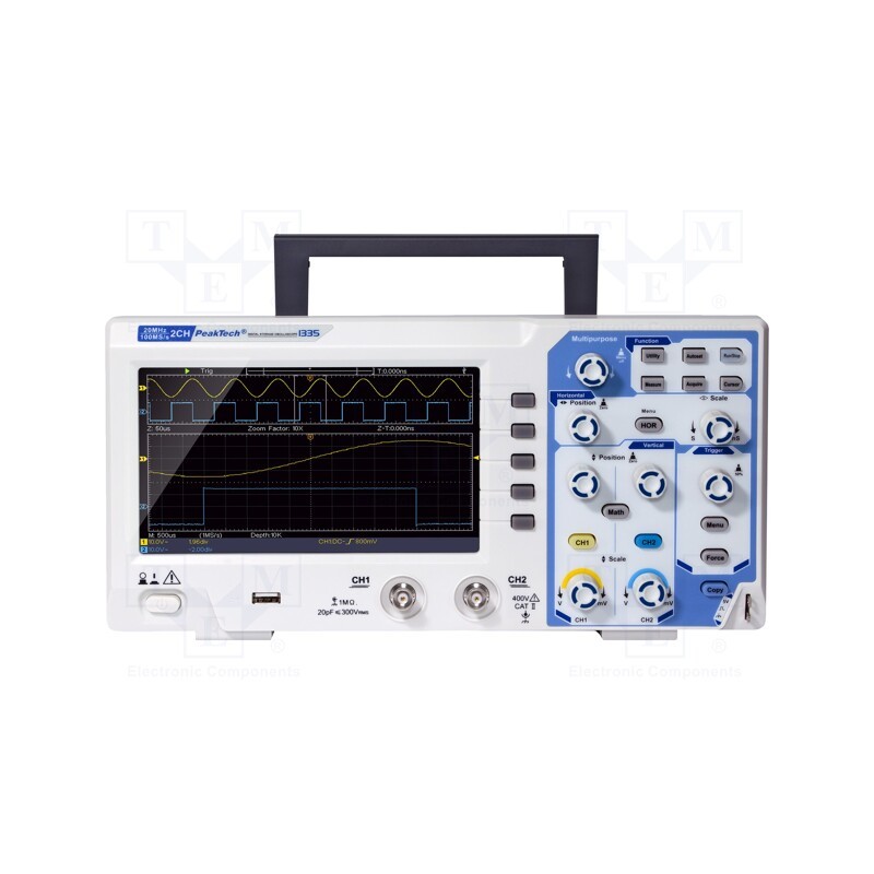 1 pcs x PEAKTECH - P 1335 - Oscilloscope: digital, Ch: 2, 20MHz, 100Msps, 10kpts, LCD TFT 7'