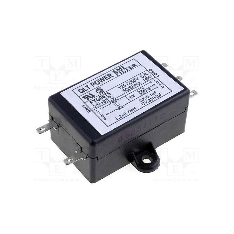 1 pcs x QLT POWER - FYG06T5 - Filter: anti-interference, 250VAC, Cx: 100nF, Cy: 3.3nF, 0.7mH