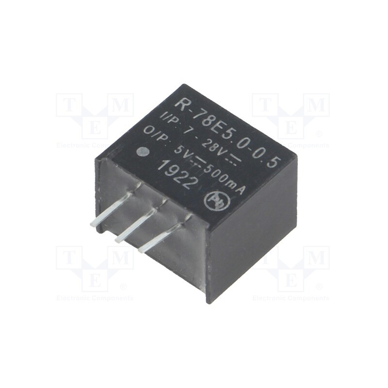1 pcs x RECOM - R-78E5.0-0.5 - Converter: DC/DC, 2.5W, Uin: 7÷28V, Uout: 5VDC, Iout: 0.5A, SIP3, PCB