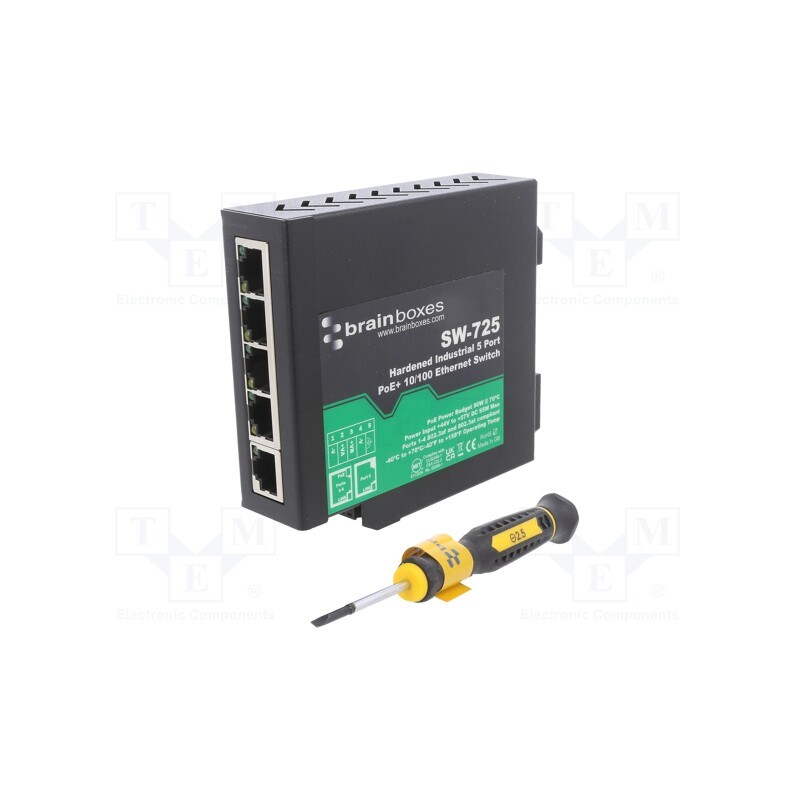 1 pcs x BRAINBOXES - SW-725 - Switch Ethernet, unmanaged, Number of ports: 5, 44÷57VDC, RJ45