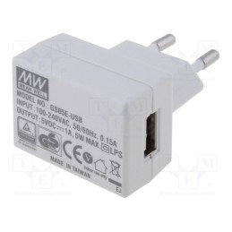1 pcs x MEAN WELL - GS05E-USB - Power supply: switched-mode, plug, 5VDC, 1A, 5W, Plug: EU, Out: USB