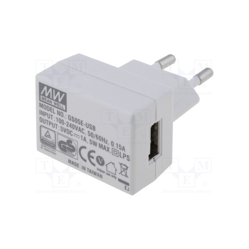 1 pcs x MEAN WELL - GS05E-USB - Power supply: switched-mode, plug, 5VDC, 1A, 5W, Plug: EU, Out: USB
