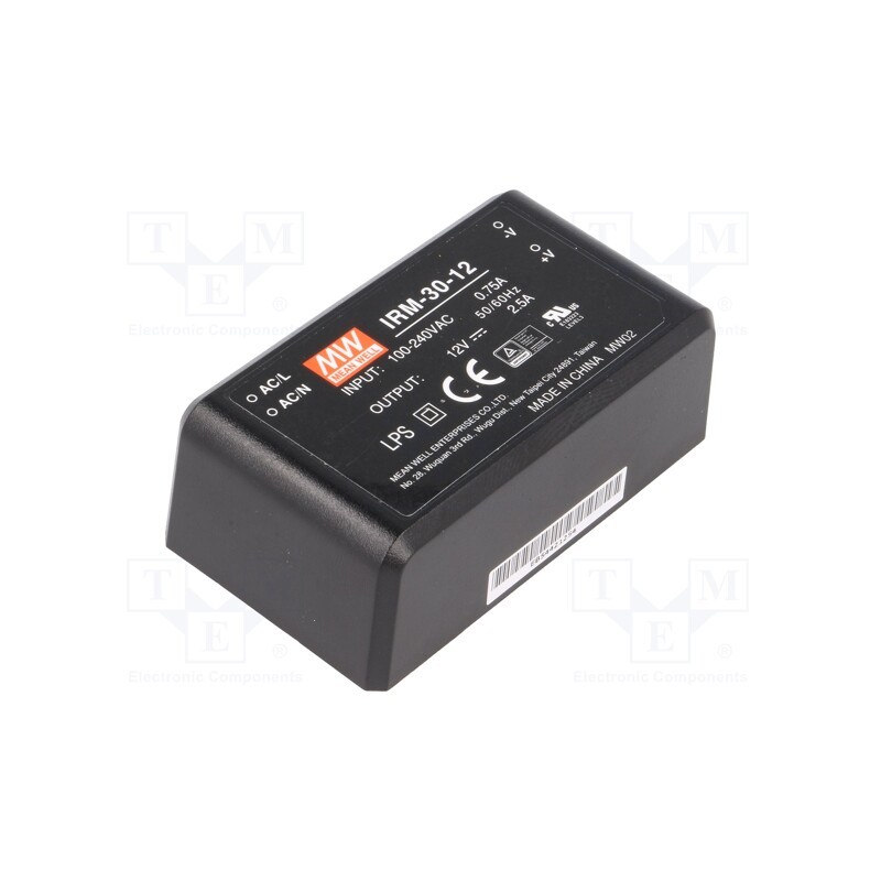 1 pcs x MEAN WELL - IRM-30-12 - Converter: AC/DC, 30W, 85÷264VAC, 12VDC, Iout: 2500mA, OUT: 1, 88%