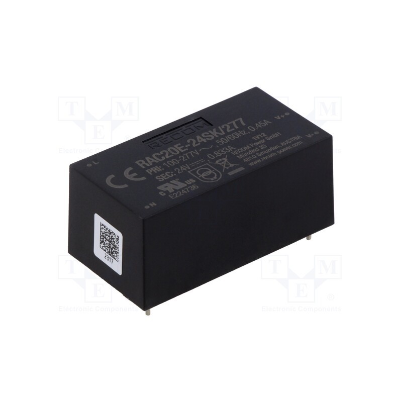 1 pcs x RECOM - RAC20E-24SK/277 - Converter: AC/DC, 20W, 85÷305VAC, 24VDC, Iout: 833mA, 84%, PCB, 4000V