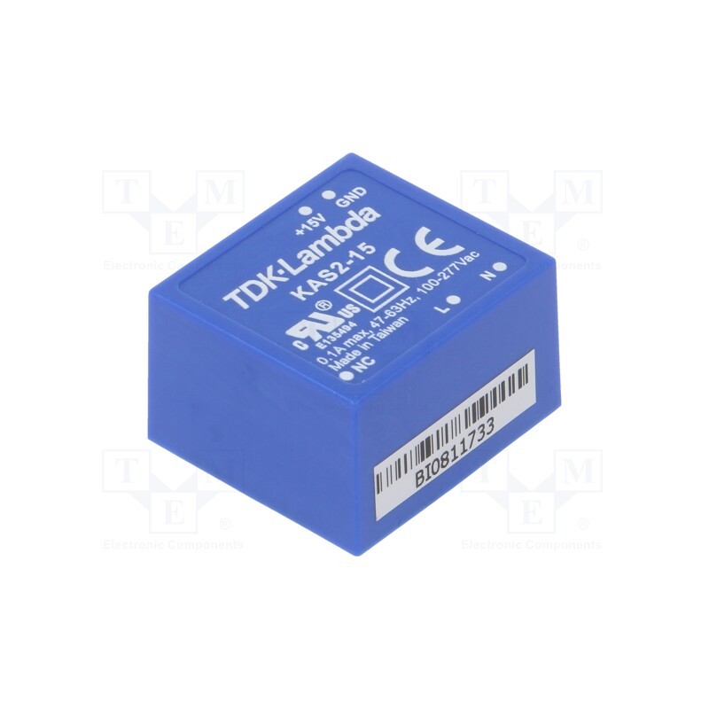 1 pcs x TDK-LAMBDA - KAS2-15 - Converter: AC/DC, 2W, 90÷305VAC, Usup: 120÷430VDC, Uout: 15VDC, 73%