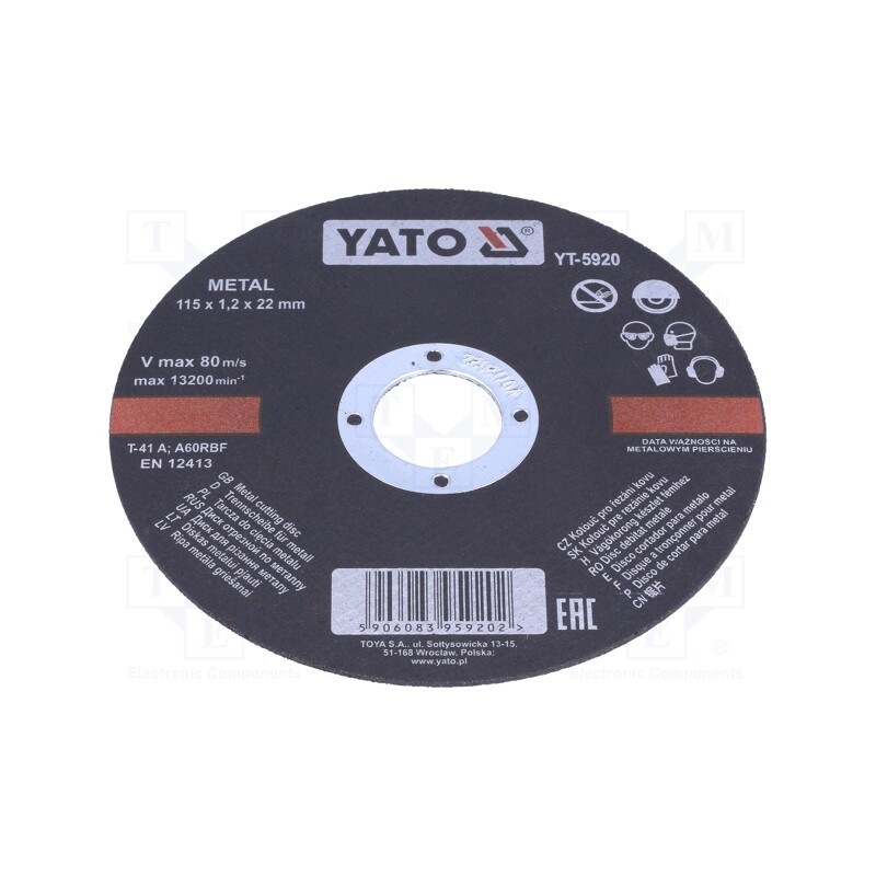 5 pcs x YATO - YT-5920 - Cutting wheel, Ø: 115mm, Øhole: 22mm, Disc thick: 1.2mm, 13200rpm