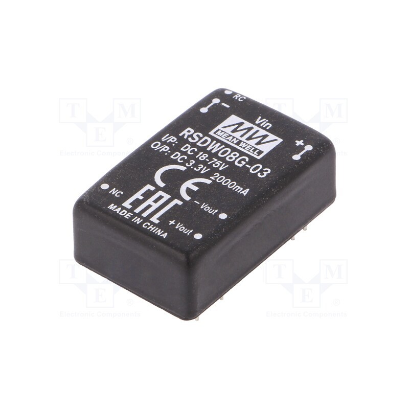 1 pcs x MEAN WELL - RSDW08G-03 - Converter: DC/DC, 8W, Uin: 18÷75V, Uout: 3.3VDC, Iout: 0÷2000mA, THT