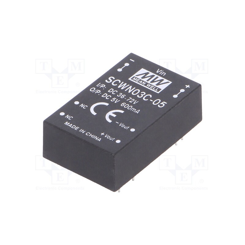 1 pcs x MEAN WELL - SCWN03C-05 - Converter: DC/DC, 3W, Uin: 36÷72V, Uout: 5VDC, Iout: 600mA, DIP24
