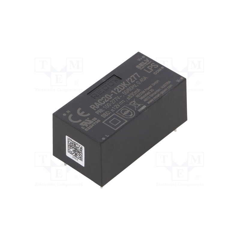 1 pcs x RECOM - RAC20-12DK/277 - Converter: AC/DC, 20W, 85÷305VAC, Usup: 120÷430VDC, Uout: 12VDC