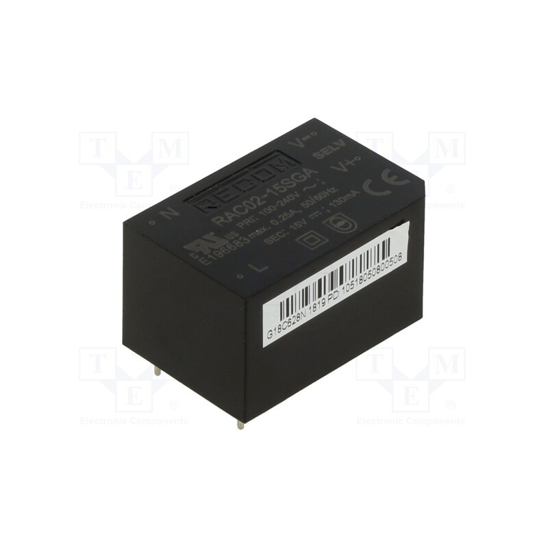 1 pcs x RECOM - RAC02-15SGA - Converter: AC/DC, 2W, 85÷264VAC, 15VDC, Iout: 140mA, 63%, PCB, 3000V