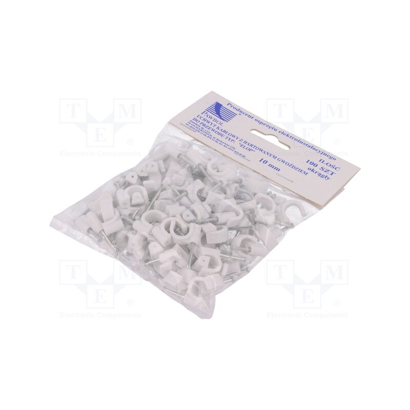 1 pcg x PAWBOL - H.7008A -100 - Holder, white, on round cable, 100pcs, with a nail, 10mm