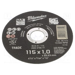 1 pcs x Milwaukee - 4932479577 - Cutting wheel, Ø: 115mm, Øhole: 22.2mm, Disc thick: 1mm, steel