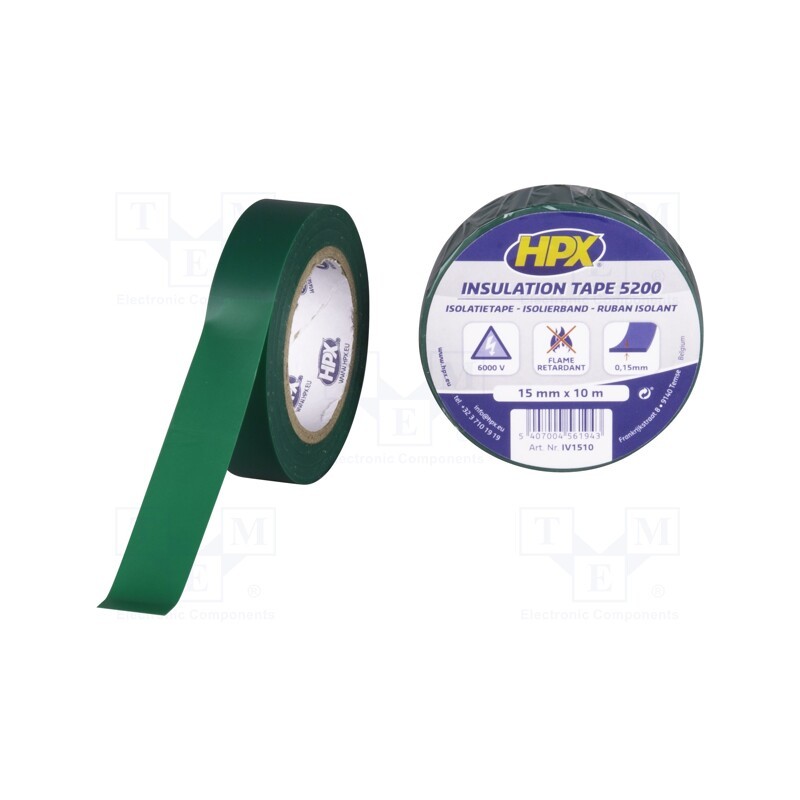 5 rol x HPX - IV1510 - Tape: electrical insulating, W: 15mm, L: 10m, Thk: 0.15mm, green
