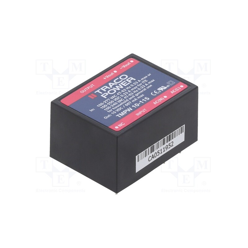 1 pcs x TRACO POWER - TMPW 10-115 - Power supply: switched-mode, for building in, 10W, 15VDC, 667mA