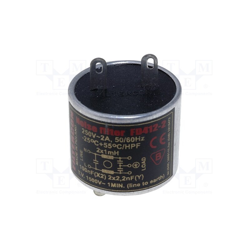 1 pcs x FILTERCON - FD412-2 - Filter: anti-interference, mains, Cx: 100nF, Cy: 2.2nF, 1mH, 250V