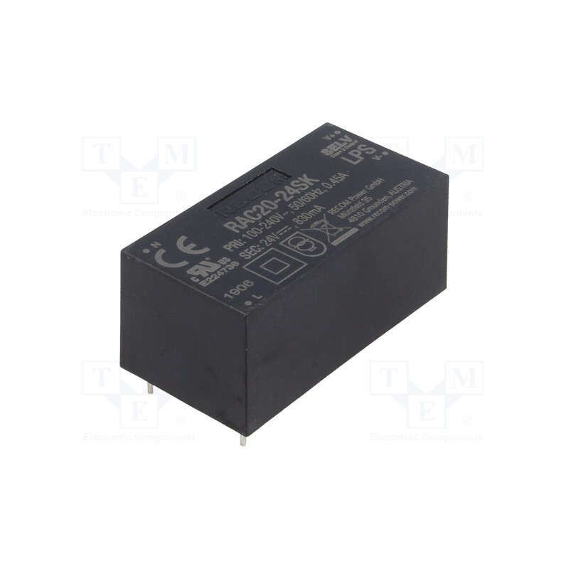 1 pcs x RECOM - RAC20-24SK - Converter: AC/DC, 20W, 85÷264VAC, Usup: 120÷370VDC, Uout: 24VDC