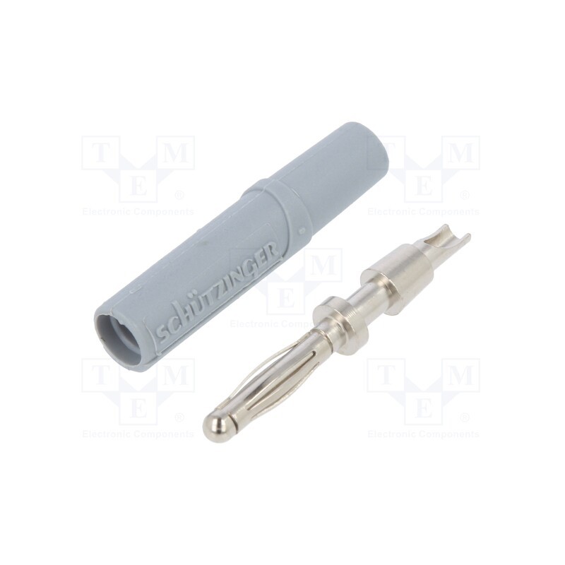 2 pcs x SCHu00dcTZINGER - FK 02 L NI / GR - Plug, 2mm banana, 10A, 33VAC, 70VDC, grey, nickel plated, -25÷90°C